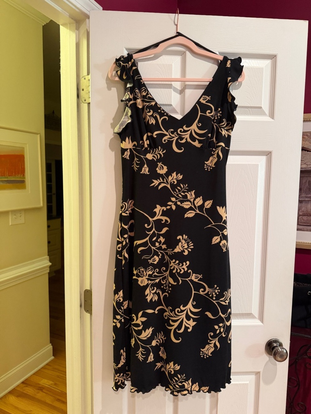 La Belle Black Midi Dress with Beige Floral Scrolls